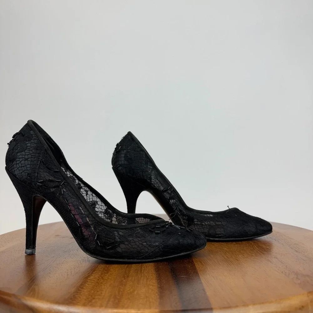 Womens Susan Bennis Warren Edwards Black Lace Beaded Heels Pumps Size 6 M GUC